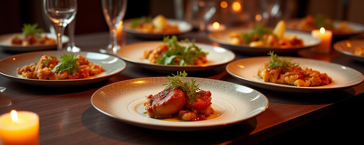 Table landscape of gourmet plated dishes at Petal & Plate